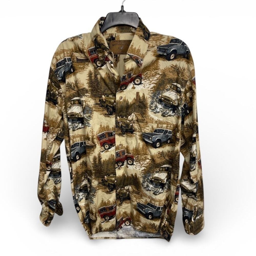 North River Outfitters Men’s Button Up Shirt All Over Jeep 4x4 Camping Print Med